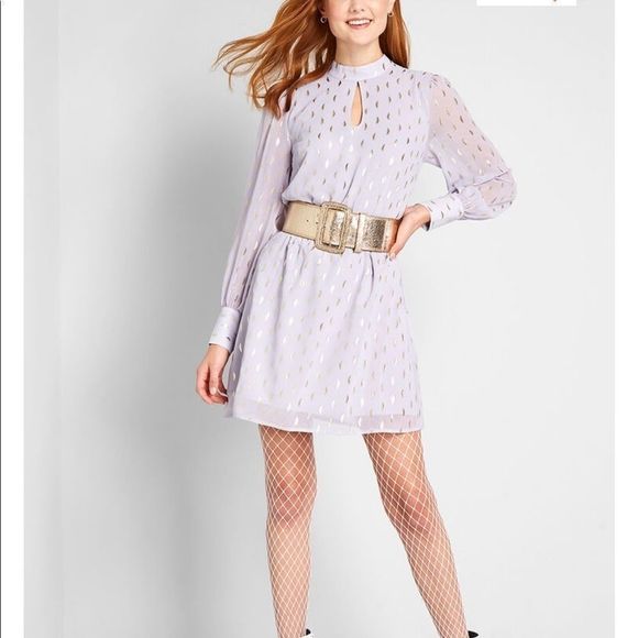 Chiffon lavender mock neck dress with gold accents - Picture 3 of 6